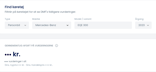 Skærmbillede af DMF Insights i DMF Pro: søgning på Mercedes-Benz EQE 300, gennemsnitlig afgift på vurderingerne (maskeret) og tabellen med de enkelte vurderinger