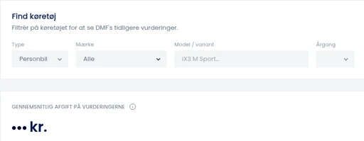 Udsnit af DMF Insights: søgning uden valgt mærke og gennemsnitlig afgift på tværs af mærker (maskeret)