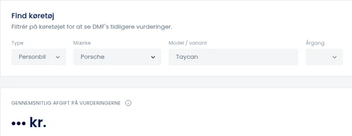Udsnit af DMF Insights: søgning på Porsche Taycan og gennemsnitlig afgift på vurderingerne (maskeret)